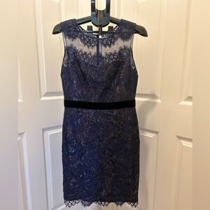 Marchesa Navy Lace Midi Dress with Black Velvet Waist